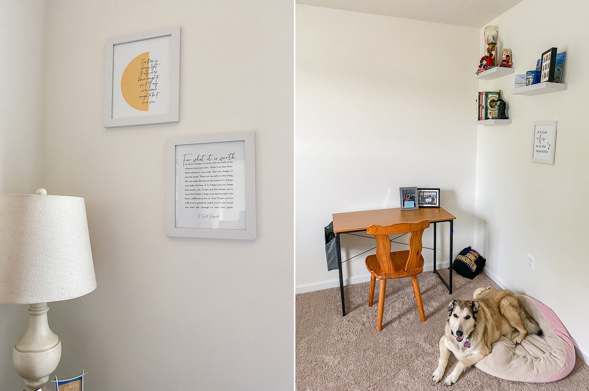 prints with quotes on wall of home office